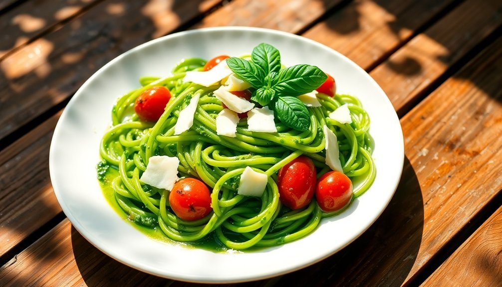 solar cooked creamy pesto linguine